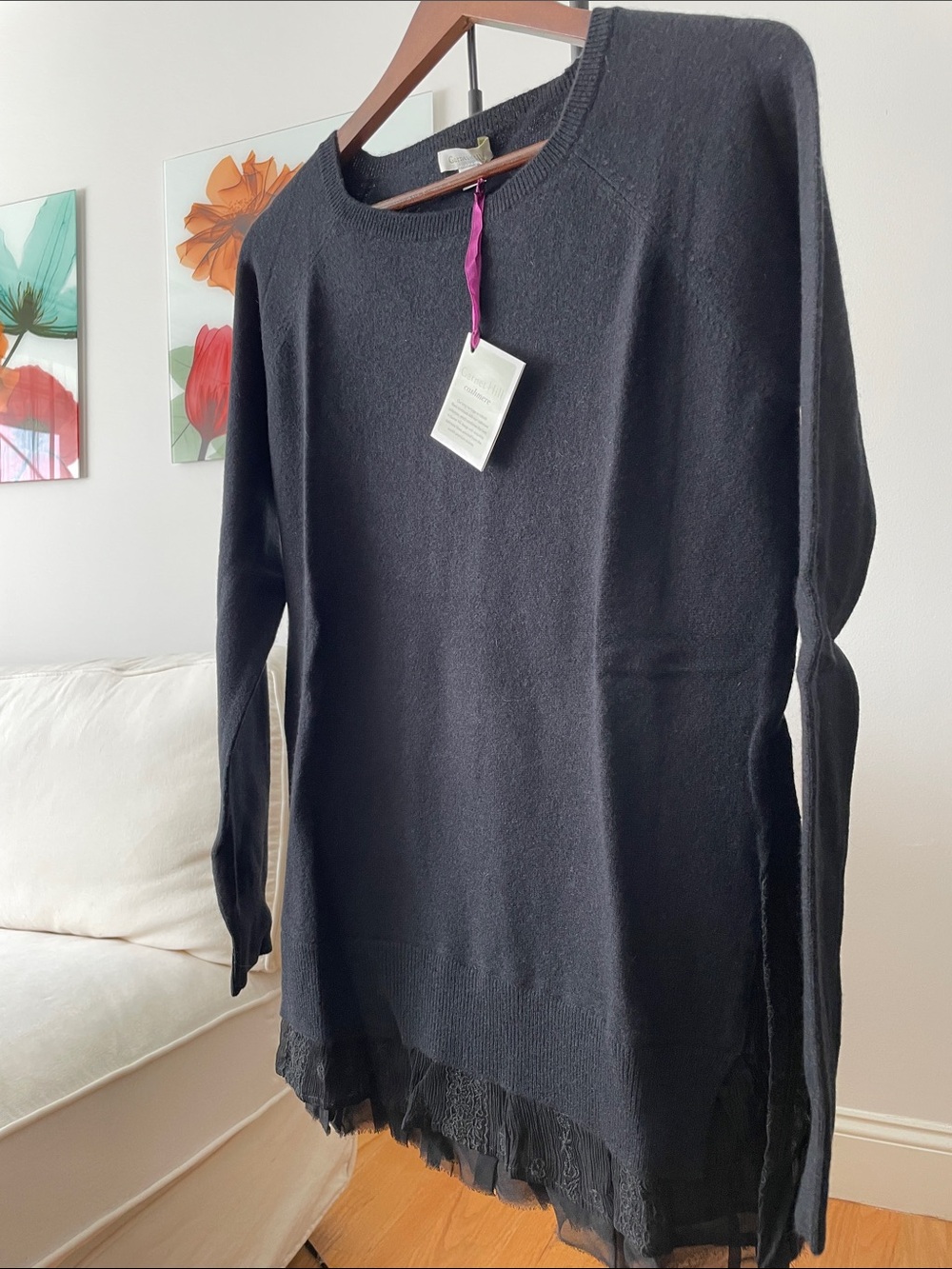 Garnet Hill Black Crewneck Sweater with Lace & Tulle Hem